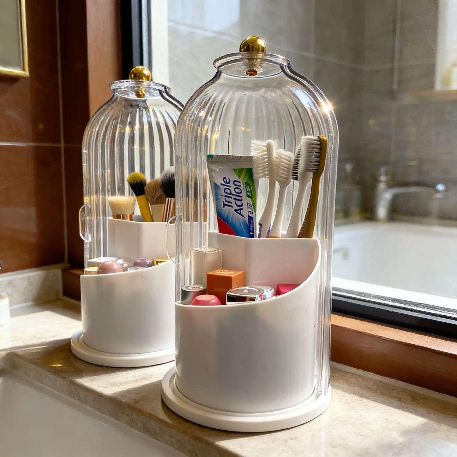 360 Rotating Toothbrush Hoder with Sliding Lid for Bathroom Counter Organizer, 3-in-1 Countertop Organizer for Brushes & Toothpaste, Saves Bathroom Space, Clean, Modern Vanity Decor, Perfect Christmas Gift, Deal of the Home Goods Organizing