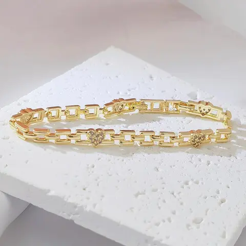 Women's 14 Karat Gold Plated Rectangle Links Bracelet - Dainty Paved Cubic Zirconia Heart Motifs Chain, Non Tarnish Stackable Fashion Wrist Accessory, Tarnish Proof Jewelry for Special Gifts