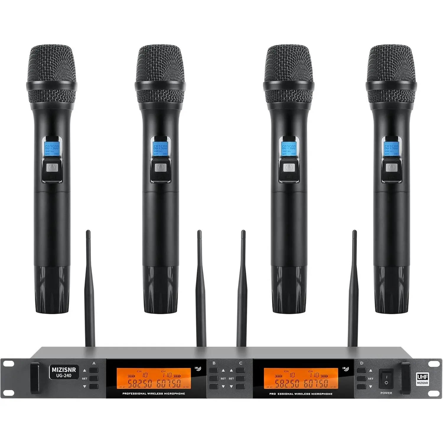 UG-240 4-Channel UHF Wireless Microphone System - 4 Antennas, Metal Cordless Handheld Mics, Wireless Mixer, Audio Receiver, 200 Adjustable Frequencies, 100 Frequency Options, Auto Scan & Memory Function, 300ft Range, TRS Output, Ideal for Karaoke, Church