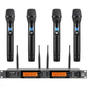 Wireless Microphone System 4 Channel, UHF Metal Cordless Handheld Mics Set - 200 Adjustable Frequencies, Auto Scan & Memory Function, 300ft Range, Ideal for Karaoke Church Wedding(UG-240
