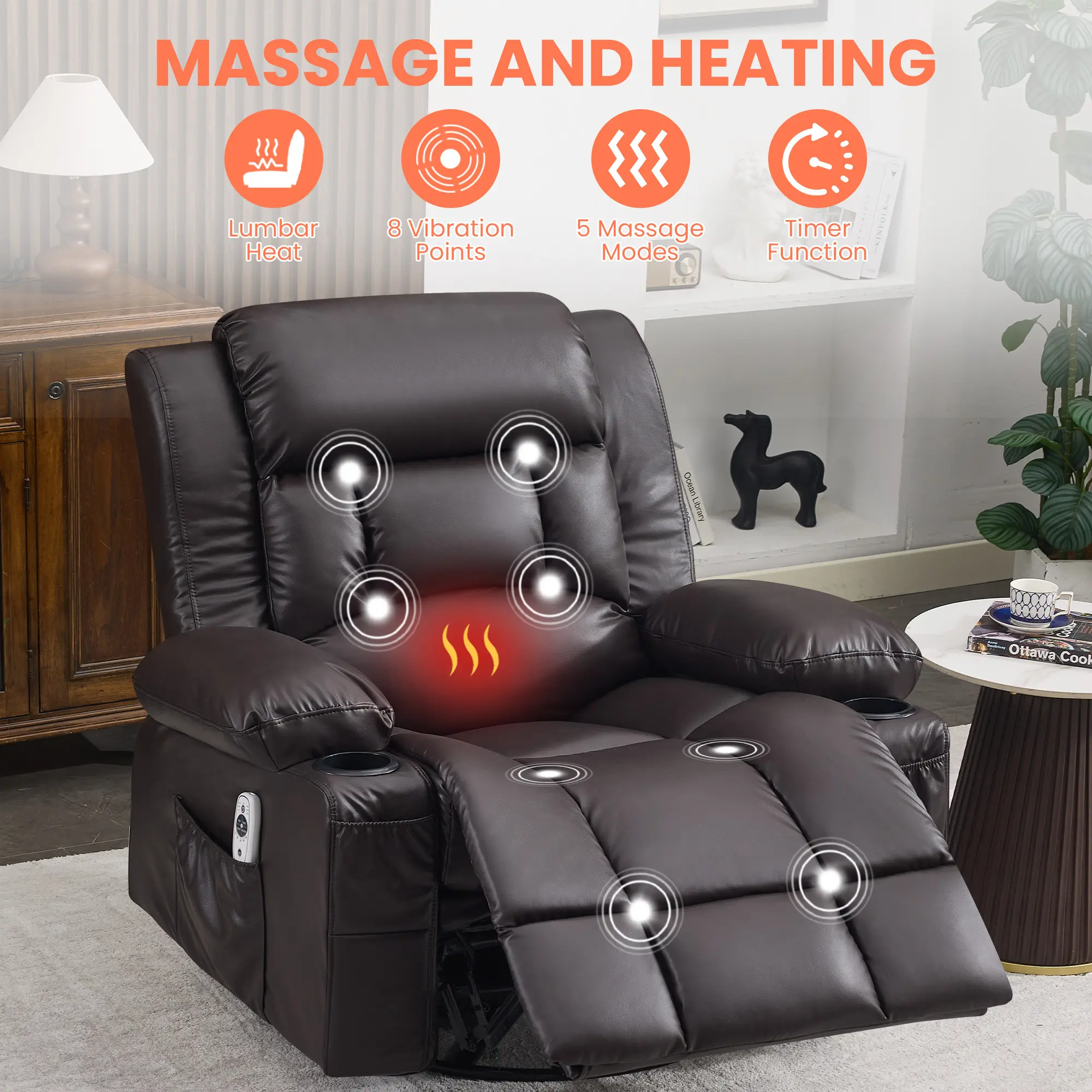 360° Swivel Rocker Recliner with Vibration Massage and Heat, Manual Recliner with Cup Holders and USB Port for Living Room(Leather,Brown)
