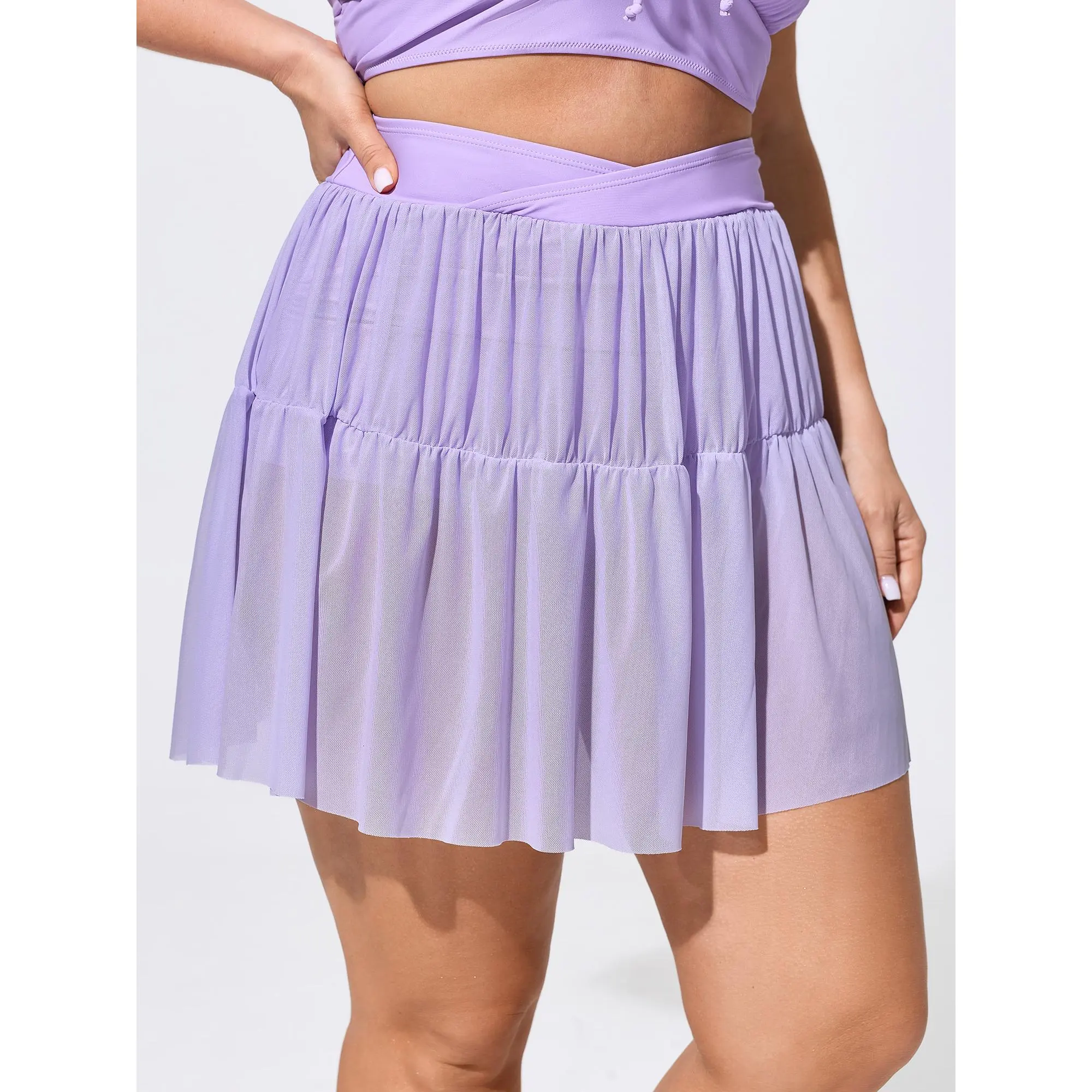 BloomChic Plus Size Solid Swim Skirt, High-Waisted Bottoms with Sheer Mesh Overlap, Chlorine Resistant Spandex Fabric, Garment, Fit, Swimsuit, Polyester, Women, Skirts For Women, High Waist, Nylon, Plain, Sheer Panels, Overlap Detail