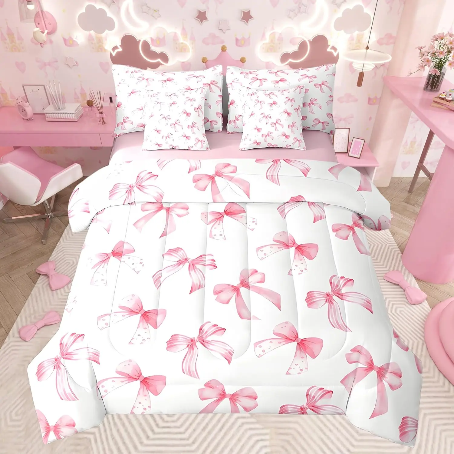 Feelyou 7-Piece Microfiber Bedding Set - Multi-Size Queen Option, Princess Room Dream Room Essential, Pink Comforter Bed-in-a-Bag with Bow, Breathable Soft Printed Blanket, Bedsheets, Pillowcases for Kids' Bedtime, Toddler Girl Bedding Set, Cozy Setup, Be