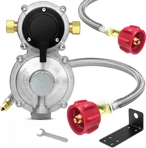 BBRAZIFY RV Propane 2-Stage Auto Changeover LP Propane Gas Regulator with Two 18" RV Pigtail Propane Stainless Braided Hoses with Gauge, Dual Propane Tank Regulator for RVs, Vans, Trailers,Camper