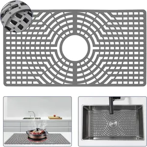 Sink Protector 30"x16" Rear Drain Hole, Heat Resistant Non-slip Dishwasher Suitable, Large Sink Mat for Bottom of Farmhouse Kitchen Stainless Steel Sinks (Grey)