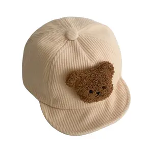 [Yomi Kids] Baby Baseball Cap, Ribbed Plush Bear Patchwork Back Stick-On Sun Hats, Toddler Boys Girls Sun Protection Visor Hats