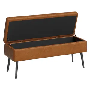 Mid-Century Modern Ottoman Bench with Storage – Faux Leather Upholstered Shoe Bench – Rectangular End of Bed or Entryway Seating – Dual Safety Hinges – Brown or Black