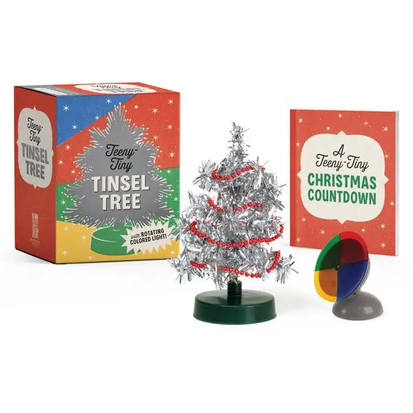 Teeny-Tiny Tinsel Tree with Battery - Mollie Thomas Mixed Media Product, Aluminum Decor with Wheel, Box, and Ornaments, Metallic