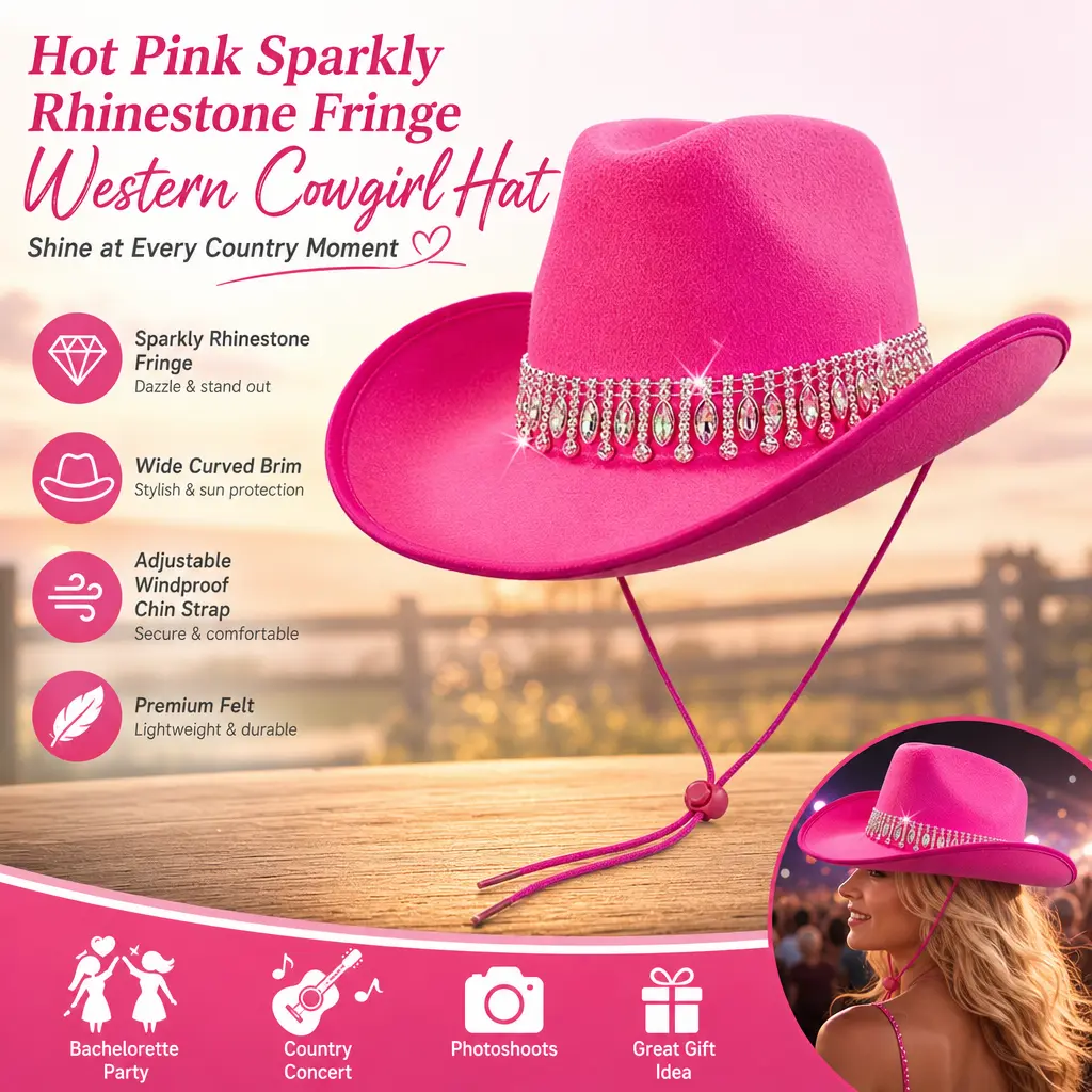 Hot Pink Sparkly Rhinestone Fringe Western Cowgirl Hat, Wide Curved Brim Felt Cowboy Cap with Adjustable Windproof Chin Strap, Bachelorette Party Country Concert Costume Hat