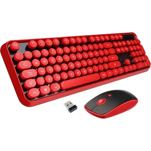 Keyboard and  Combo, 104  Full-Sized 2.4 GHz Round Keycap Colorful Keyboards, USB Receiver Plug and Play, for Windows, , PC, Laptop, Desktop (Black Red)