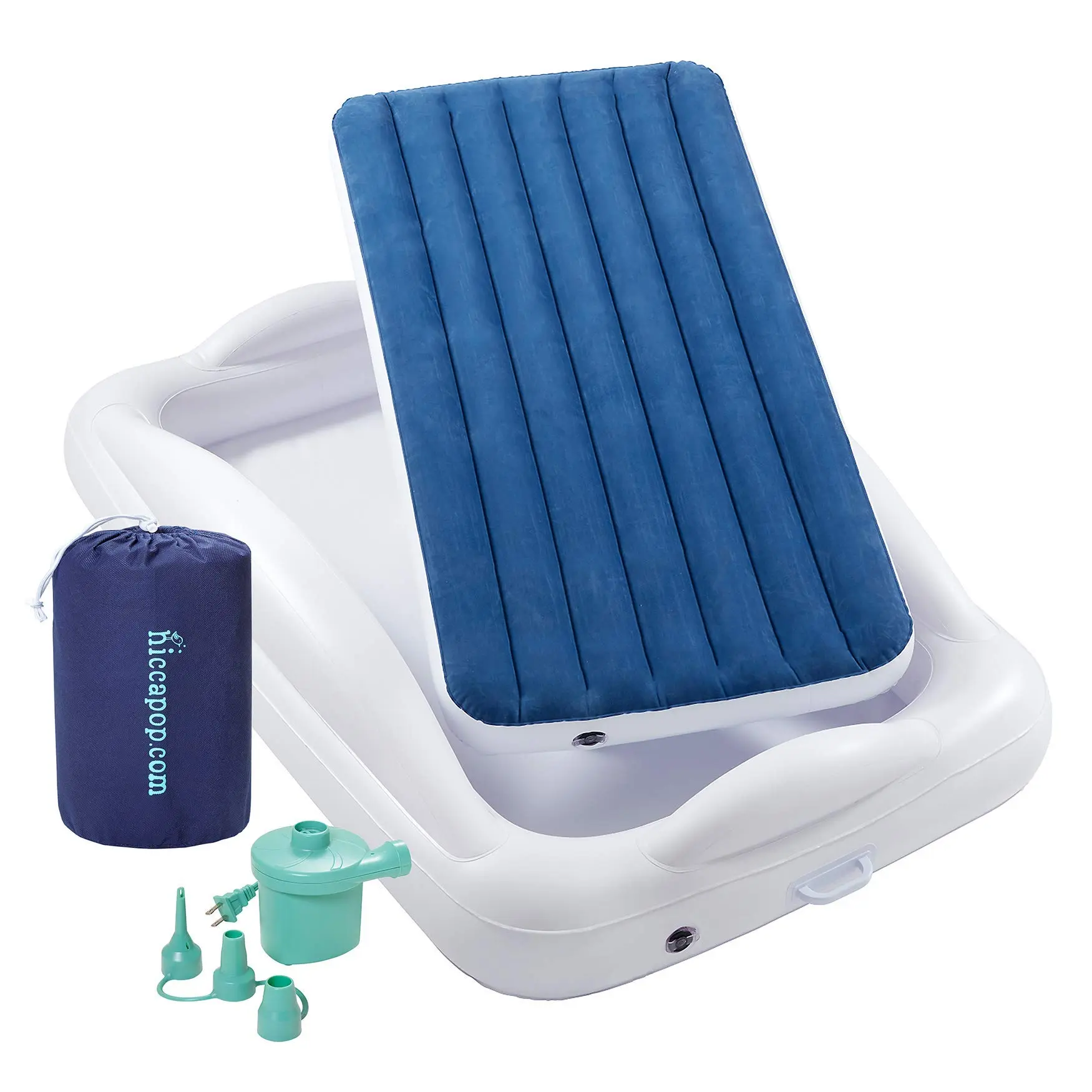 hiccapop Inflatable Toddler Travel Bed with Safety Bumpers [4-Sided] | Portable Toddler Bed for Kids with Electric Pump | Toddler Air Mattress | Kids Air Mattress