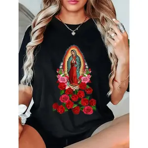 Women's Mary Catholic Religious T Shirt with Red Roses Greenery Casual Christian Apparel for Daily Wear Special Events Machine Washable Faith Inspired Spiritual Clothing Vibrant Print Comfortable Fabric Top Womenswear Summer Tshirt Streetwear Crewneck