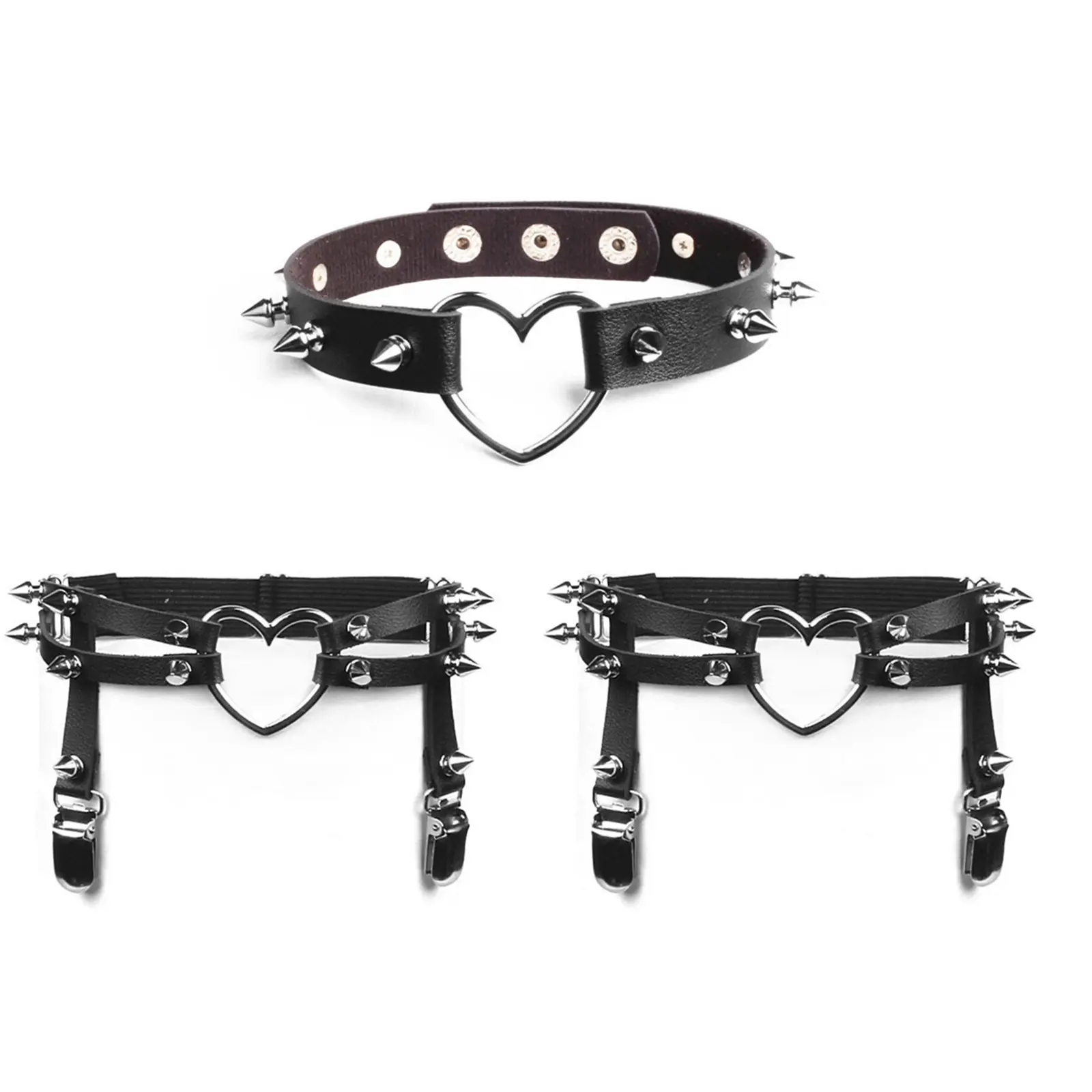 OIDEA Women's 3-Piece Edgy Fashion Chic Punk-Studded Heart Choker & Stretchy Garter Set - Adjustable Strap, Smooth PU Leather Thigh Belt, Edgy Party Costume Matching Accessories, Adults, Bold Heart-Shaped Rivets, Cosplay, Costume Parties, Punk Heart Studs