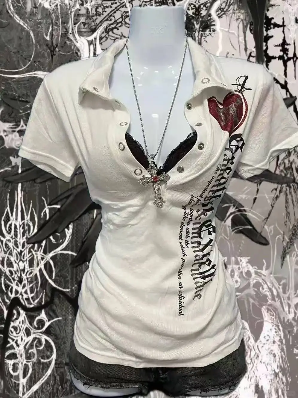 Subculture y2k millennial outfit hot girl white short-sleeved T-shirt female Vintage vintage slim waist top ins