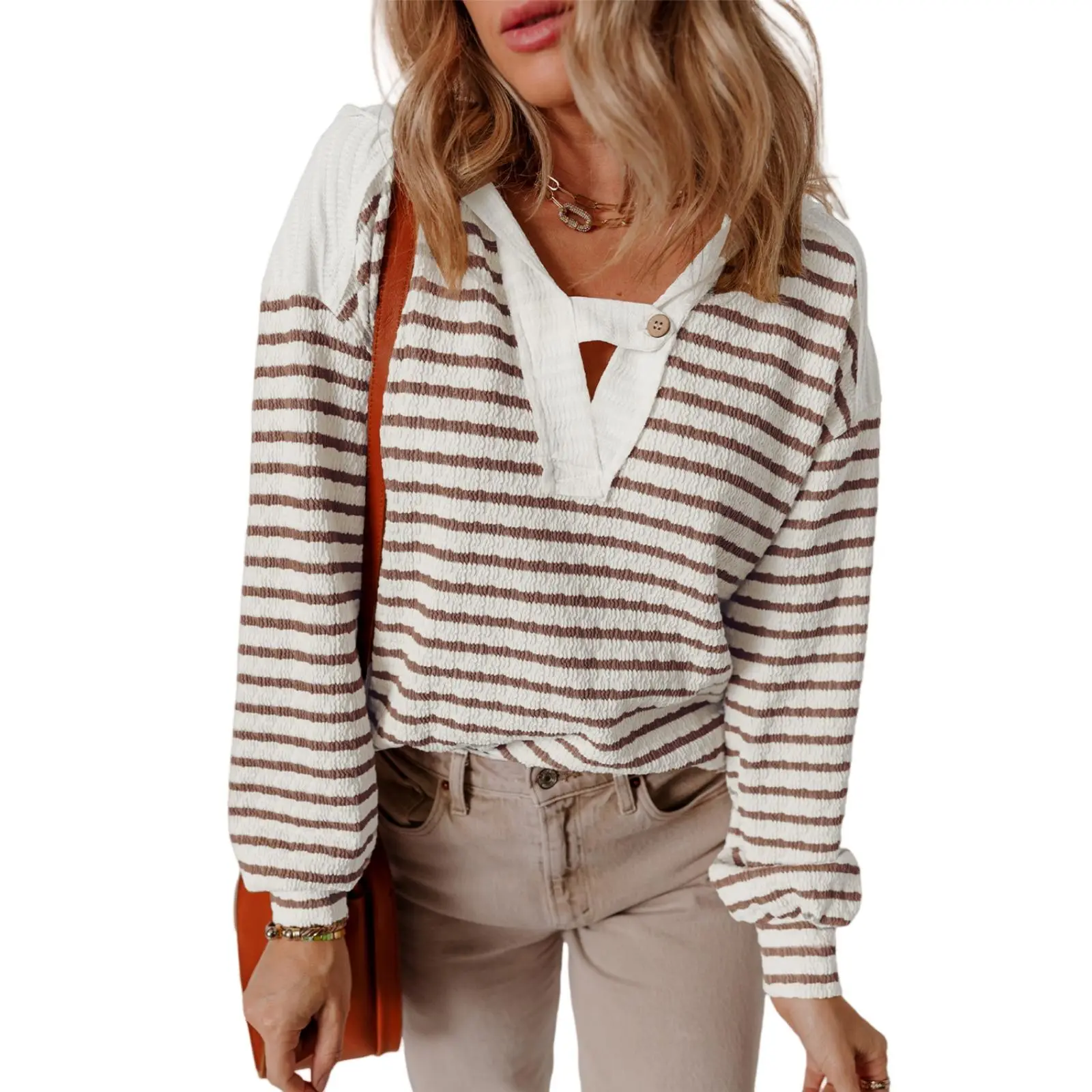 Asvivid Lady's Striped Hooded V-Neck Longsleeves Pullover - Women's Clothes, Cold Wash, Fashion Casual Top with Buttoned Strap Detail for Spring Fall
