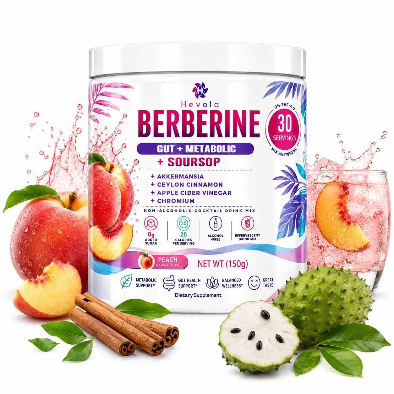 Hevola Berberine Gut & Metabolic Support Drink Mix Variety Pack, Peach + Strawberry, 30 Servings Each, Featuring Soursop, Akkermansia, Apple Cider Vinegar, Ceylon Cinnamon & Chromium for Daily Wellness