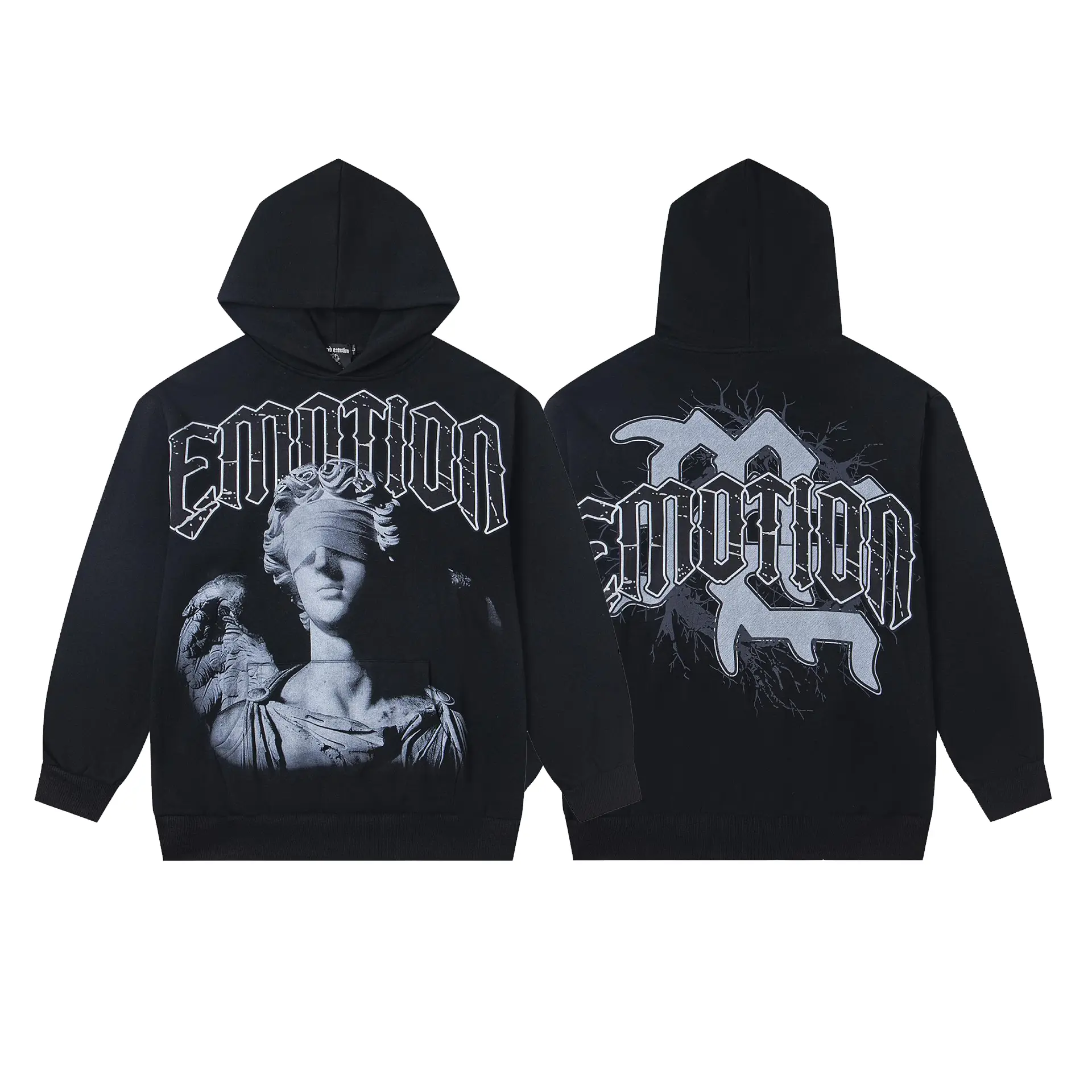 2026 MIXED EMOTION Professional Certified Y2K Streetwear Dark Angel Statue Gothic Text Pullover Hoodie Fall Winter Casual Loose Fit