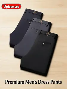 3-Pack Men's High-Stretch Straight Fit Business Pants, Wrinkle-Resistant, Non-Iron, Breathable, All-Season, Multi-Color, Formal Trousers for Office & Casual Wear Clothes