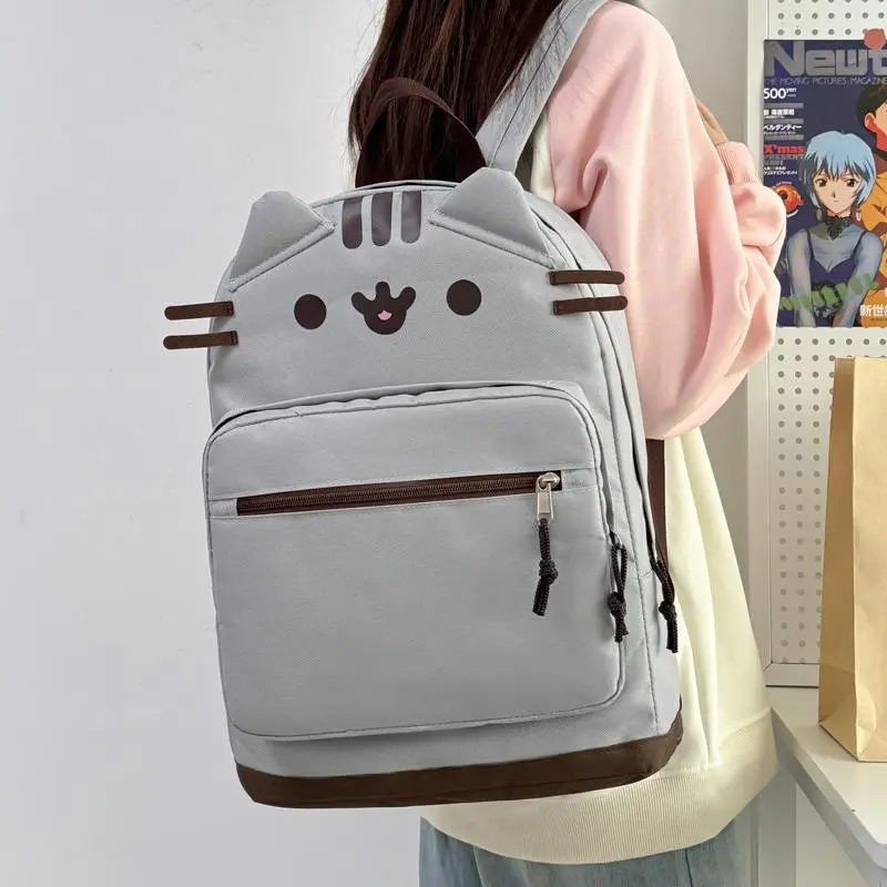 Light Grey 3D Ear Pusheen Cat Backpack, Large Capacity Waterproof School Bookbag for Girls, Cute Kawaii Casual Travel Daypack