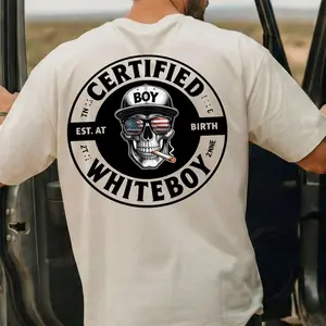 Bold Skull Graphic T Shirt, Certified Whiteboy Streetwear Tee With American Flag Sunglasses Design, Casual Unisex Statement Top, Vintage Everyday Urban Style Shirt