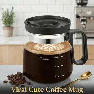 Perfect Life Ideas Itty Bitty Glass Coffee Pot Shape Mug with Lid 16oz – Cute Coffee Pot Mug, Novelty Coffee Lover Gift, Small Spill-Proof Carafe Style Coffee Mug for Office & Travel, 4” Tall x 3.75” Wide Reusable Drinkware