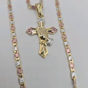 Cross with Praying Hands, Beautiful Necklace Gold-Plated Three Colors 20 Inches