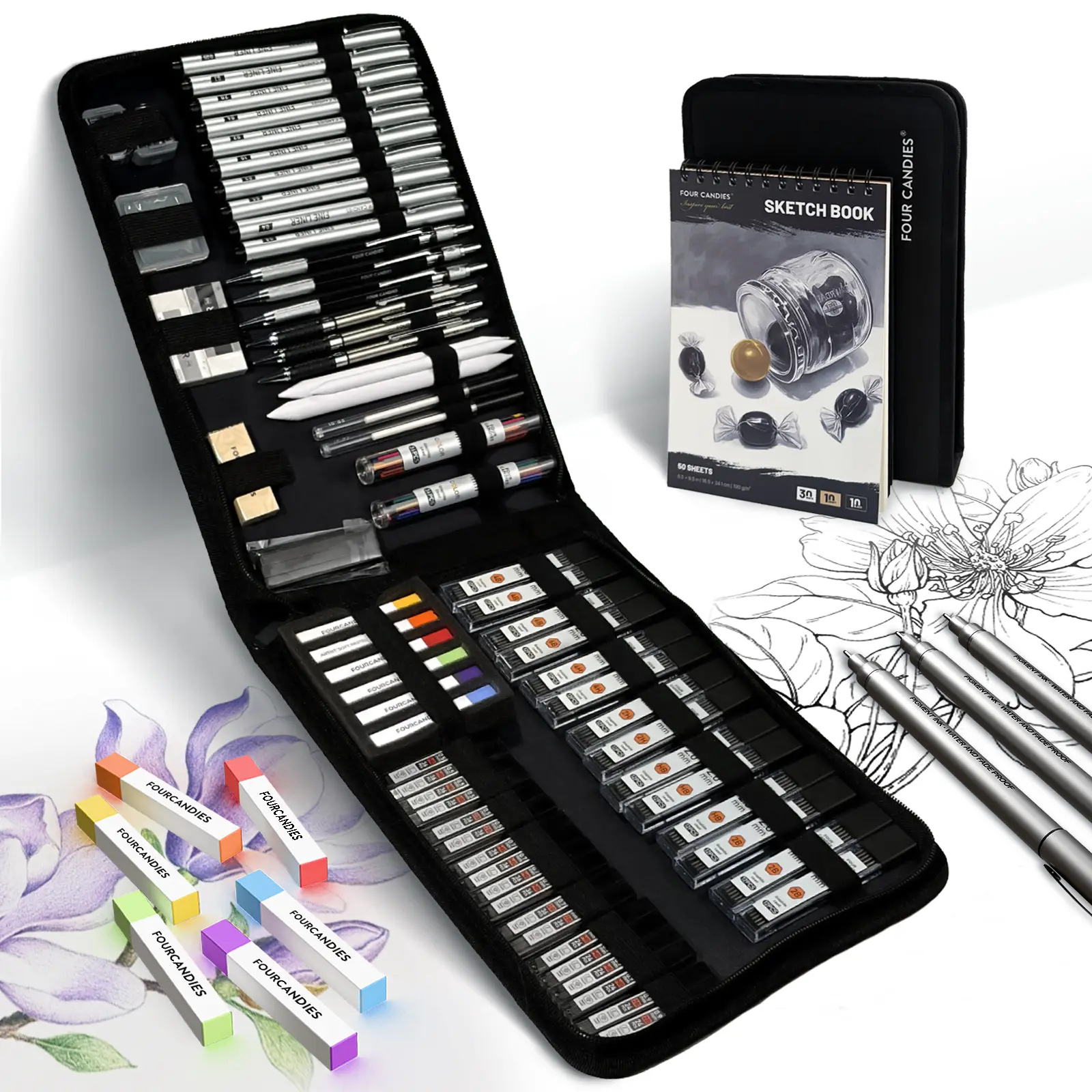 Four Candies 52/73PCS Advanced Art Supplies Drawing Kit with Fineliner Pens, Mechanical Pencils, 3-Color Sketchbook, Charcoal Sticks,Pastels for Sketching Drawing Comics Gifts for Professionals Artists,educational, Adults and Artists, Artist Drafting