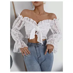 Deep V Neck Tops Ruffle Trim Bell Sleeve Tie Front Lace Crop Top Tops for Women