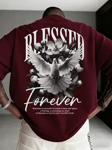 Plus Size Men's T-Shirt with Graphic Lettering and Dove Print, Casual Streetwear Style for Everyday Wear, Fitted Short Sleeve Top