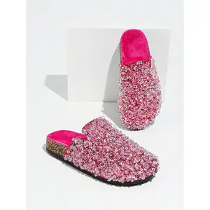 New Soft Fluffy Shoes, Rose Red Slip-On Shoes with Rhinestone Glitter Flat Sandals for Women