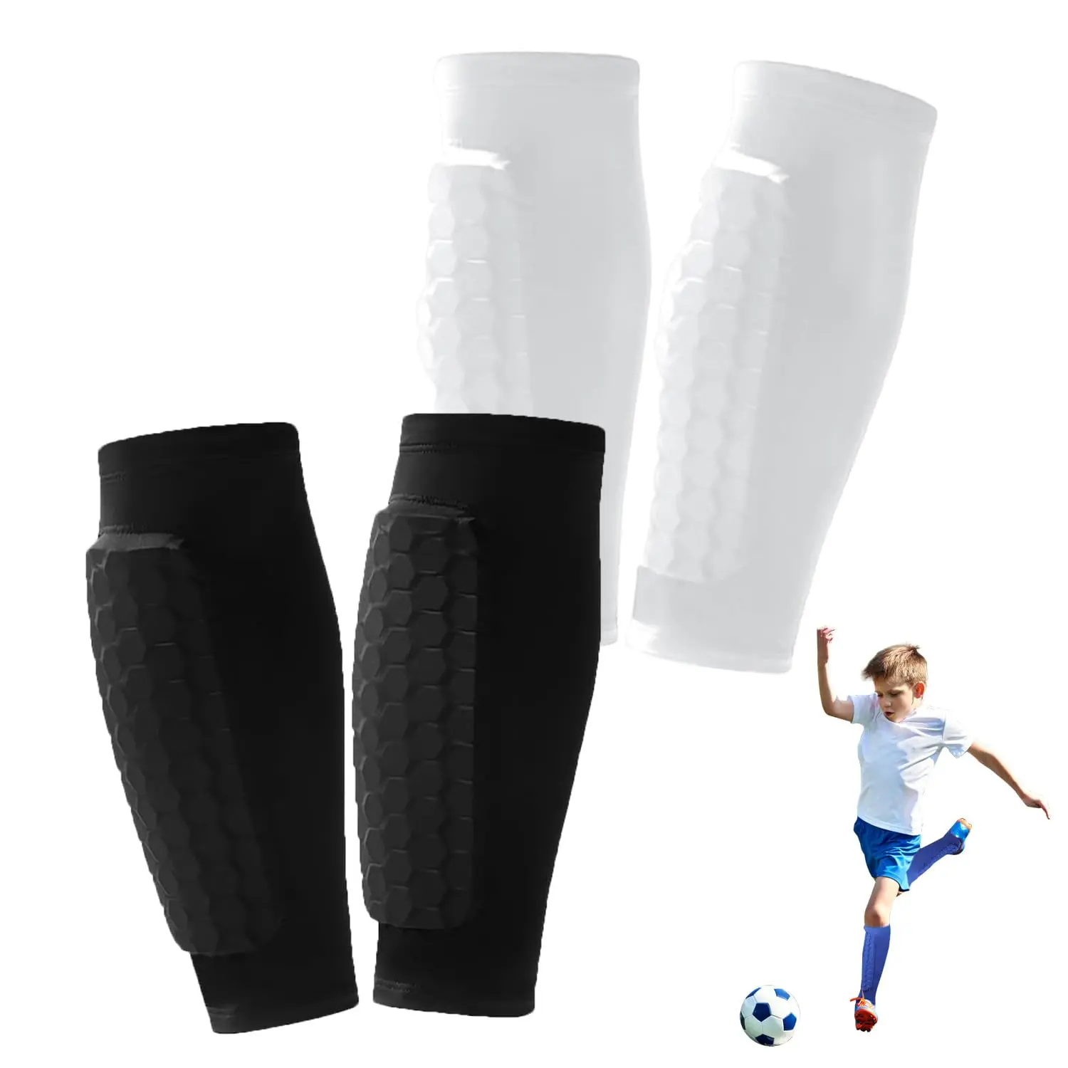 2 Pairs Boys Girls Shin Guards Soccer Calf Sleeve, Honeycomb Cushion Shin Protector Support, Lightweight Protective Gear for Kids Youth Adult Football MTB Baseball