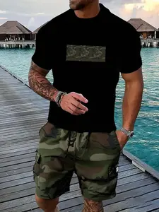 Two-Piece Set Men's Crop Tee & Shorts, Regular Fit Casual Short Sleeve T-shirt & Camouflage Print Shorts, Men's Tropical Summer Outfits Menswear