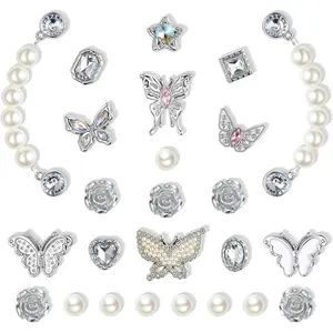 25Pcs/12Pcs Bling Shoe Charms for Women, Sparkling Butterfly Shoe Accessories, Cute Rose Flower Charms, Girly Pearl Shoe Chains Decoration for Party Favor Footwear Bedroom