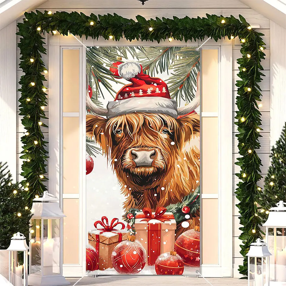 Polyester Rectangle Christmas Door Cover (36x72 in) - Weatherproof, Glitter Print Winter Snowman, Cardinals, Wonderland Tree Design, Festive Porch Banner, Party Decoration Supplies