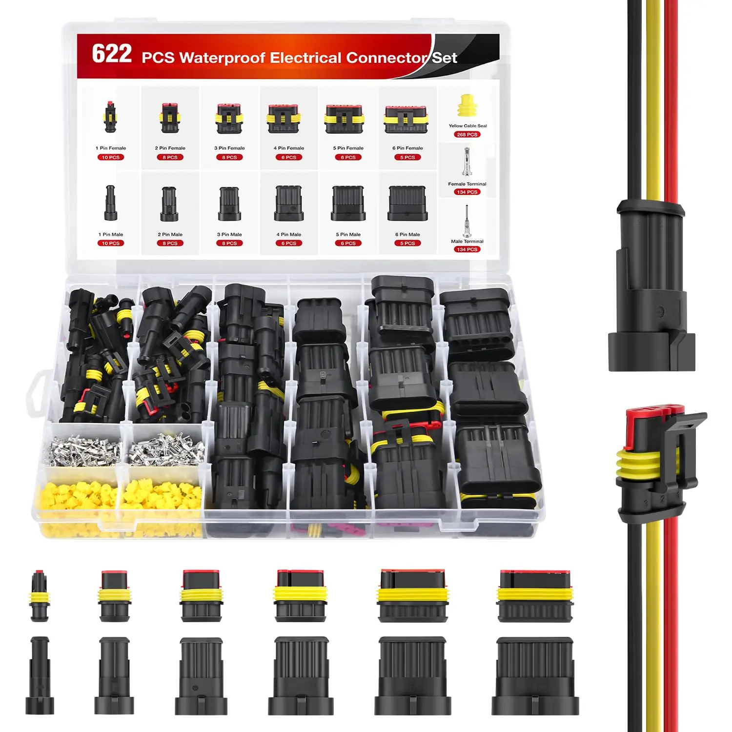 Nilight 622PCS PA66 Nylon Waterproof Wire Terminals & Plug Kit, 1-6 Pin Male-Female Wire Quick Connectors (43 Sets), 16 AWG, for Auto Repair, Scooters, Caravans, LED Light Bar, Twinkle Lights, Reliable Safe Connection