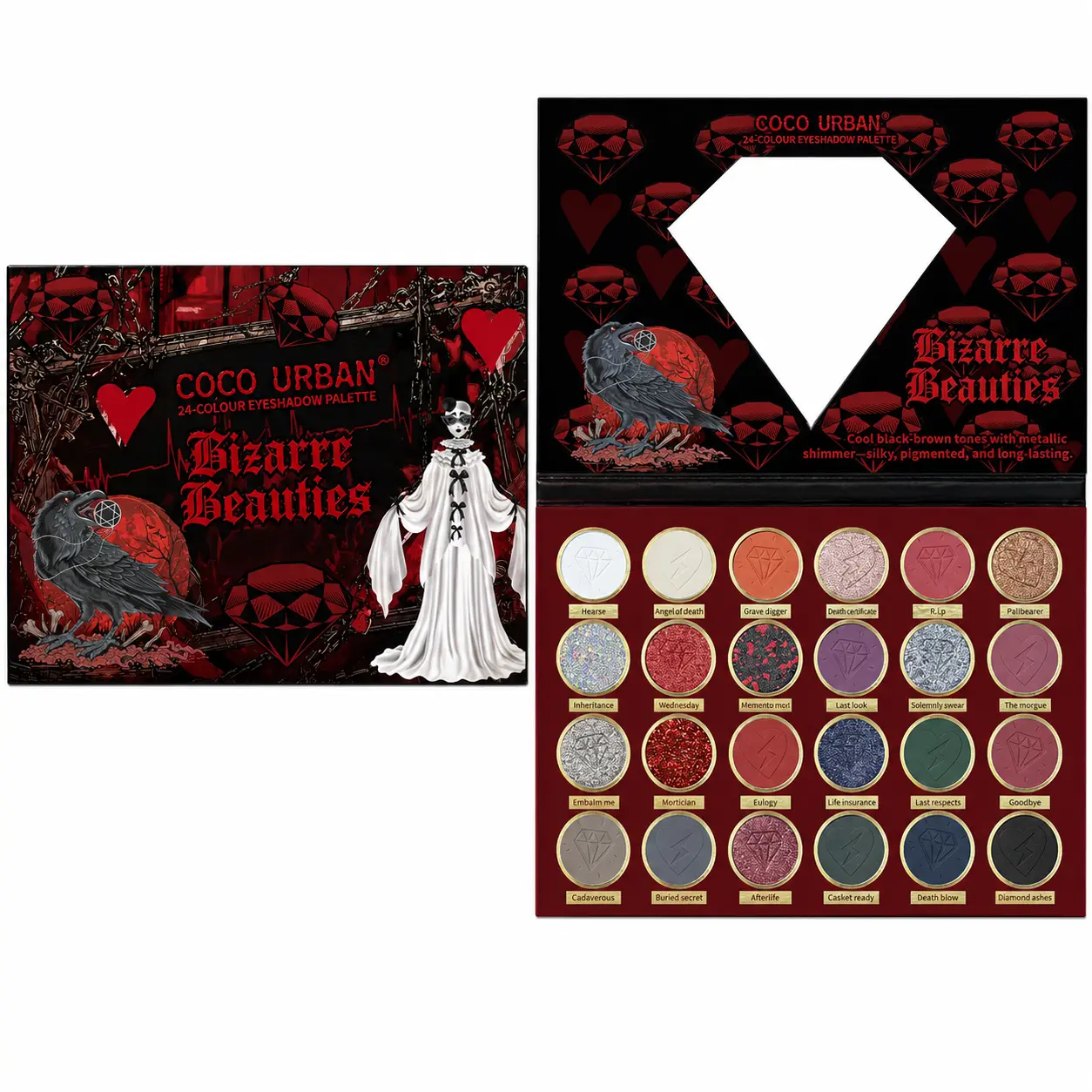 Women's 24-Color Gothic Cosmetic Eyeshadow Palette Set with Diamond Mirror, Matte-Shimmer-Glitter Highly Pigmented Shades, Dark Smoky Red Black Blue Eyeshadow Tones, Limited Edition Halloween Gift, Sparkly Makeup for Cosplay & Eye Transformation, Makeup P