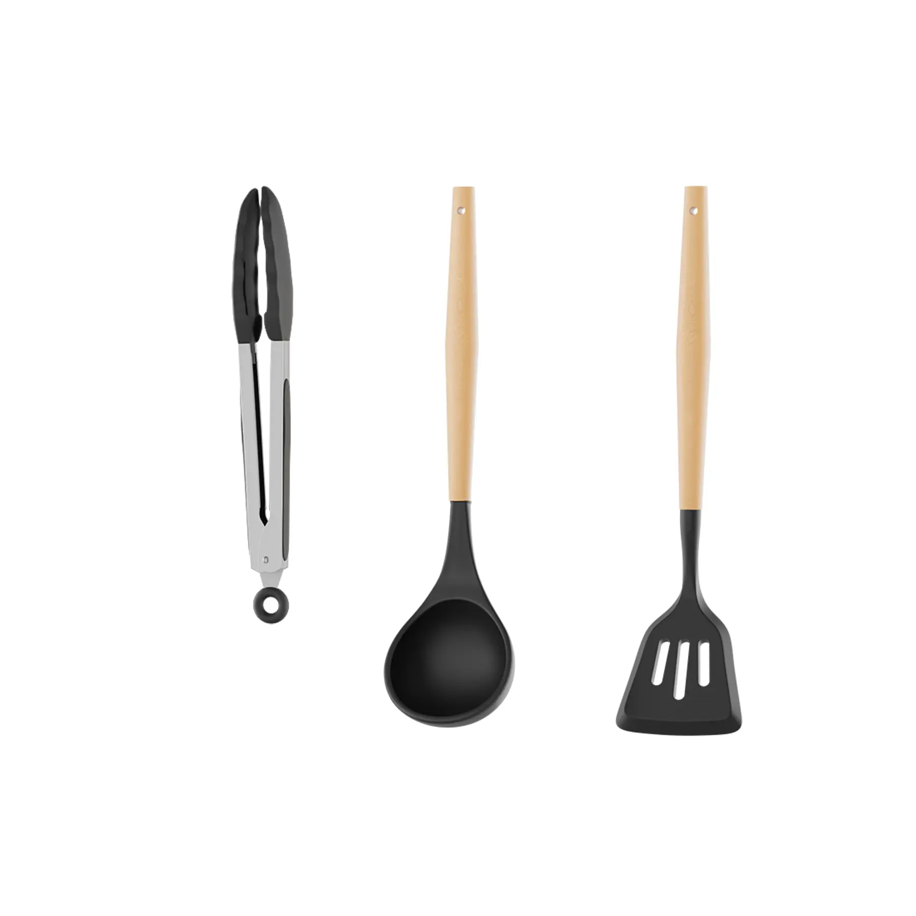 Rustic 3-Piece Silicone Kitchen Utensils Set with Wooden Handles - Stainless Steel Hanging Holes, Heat-Resistant Cooking Tools (Ladle, Slotted Turner, Tongs) for Nonstick Cookware, BPA-Free, Black