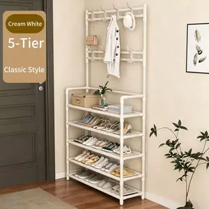 Must-Have 2-in-1 Entryway Shoe Coat Rack! 5-Tier Large Capacity Hall Tree with Multi Hooks, Waterproof Carbon Steel Storage Shelf, Space-Saving Easy Assemble Stand for Front Door Apartment, Black & Cream White