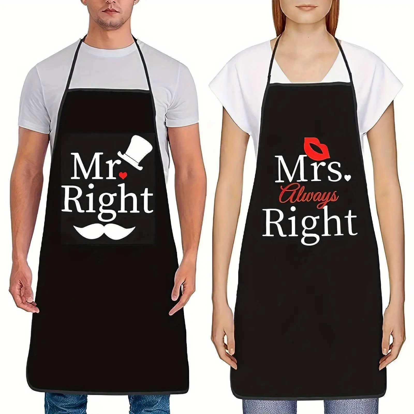 Couple Apron Set, 2 Counts/set Mr. Right & Mrs. Right Design Kitchen Cooking Aprons Water-resistant Cooking Bibs, Ideal Gift for Engagement, Wedding, Bridal Shower Household Items