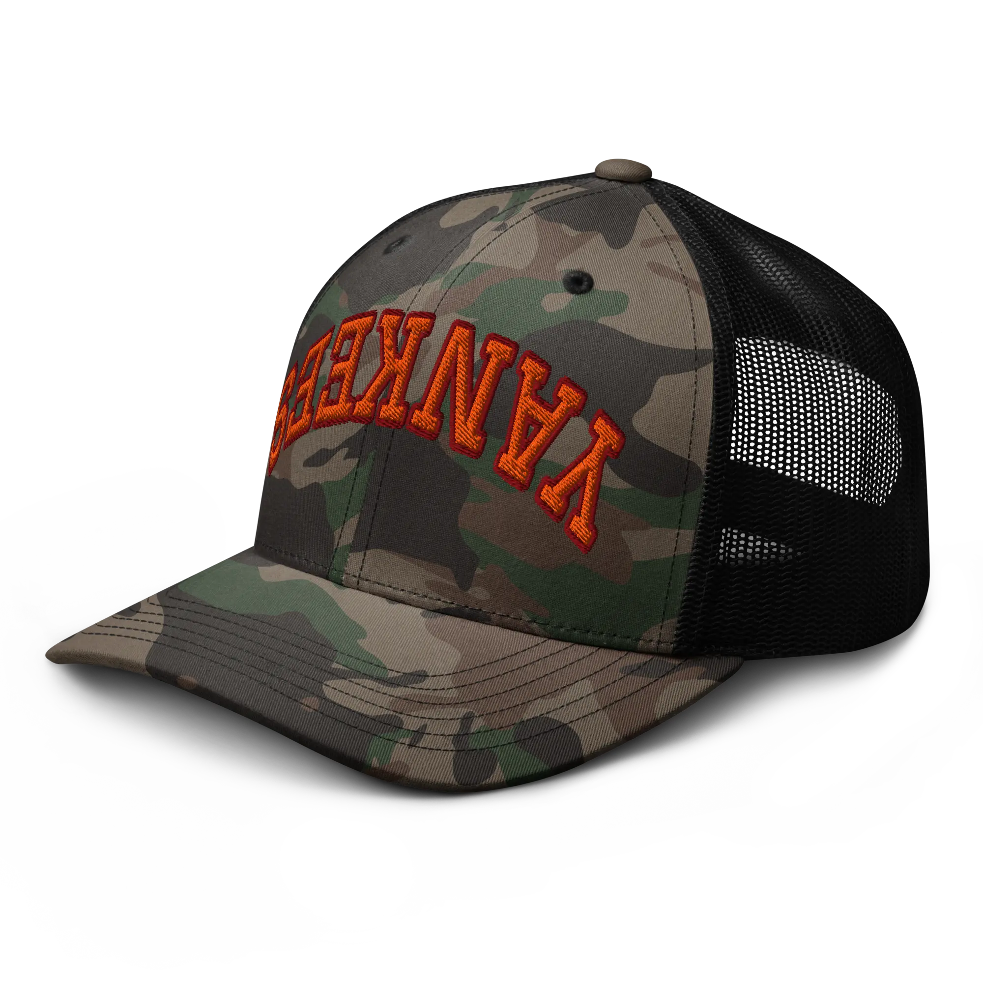 RIVEMUG NX Camo Upside Down Yankees Camouflage Trucker Hat Embroidered Curved Bill  Low Crown Adjustable Cap