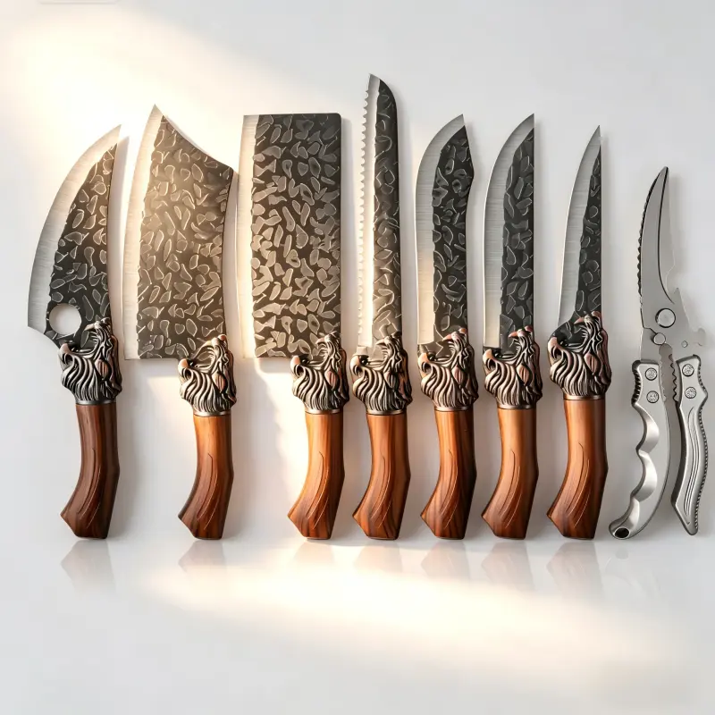 6pcs/7pcs/8pcs kitchen knife set, hand forged knives - professional chef knives, thick stainless steel knives - multi-purpose knives - bone cutting knives - cutting knives - fish knives - butcher knives - kitchen scissors, ultra sharp combination set