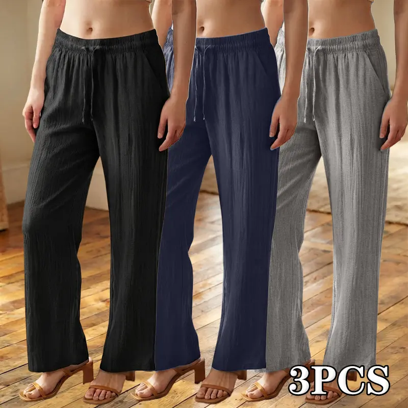 3-pack women’s linen straight-leg pants—loose, casual, comfortable, and versatile long trousers suitable for office work, weekend walks, parties, and beach vacations.