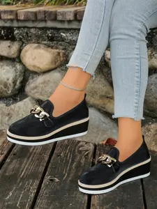 Women's Chunky Heel Platform Shoes 2026 New Metal Buckle Slip-On Casual High Wedge Single Shoe British Style