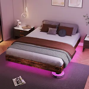 King Size Floating Bed Frame with LED Lights, Heavy Duty Metal Platform Bed King size with Under Bed Storage, Heavy Duty Steel Slats Support, No Box Spring Needed, Noise Free, Easy Assembly, Brown