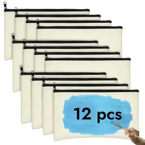 Canvas Pencil Pouch, 12 Pack Blank Canvas Zipper Pouch Makeup Bag Bulk, Canva Pouch Cosmetic Bags with Zipper Sublimation Pencil Case Blanks for DIY Craft, Travel, Organized