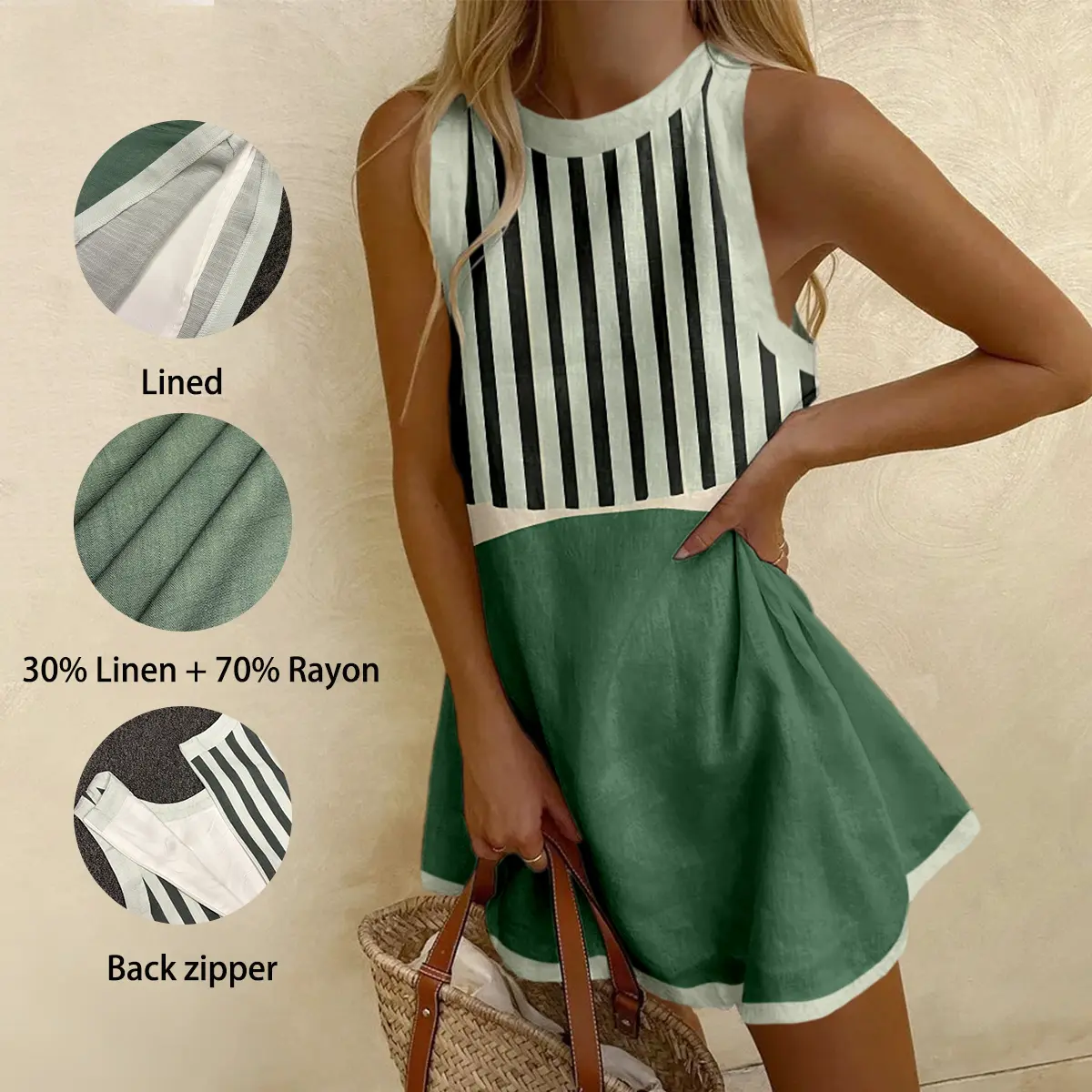 Geometric colorblock print mini dress, Minimalism, Dark green series, Cozy dress, Chic Two Pieces Set, Fashionable, Stylish clothing, Elegant