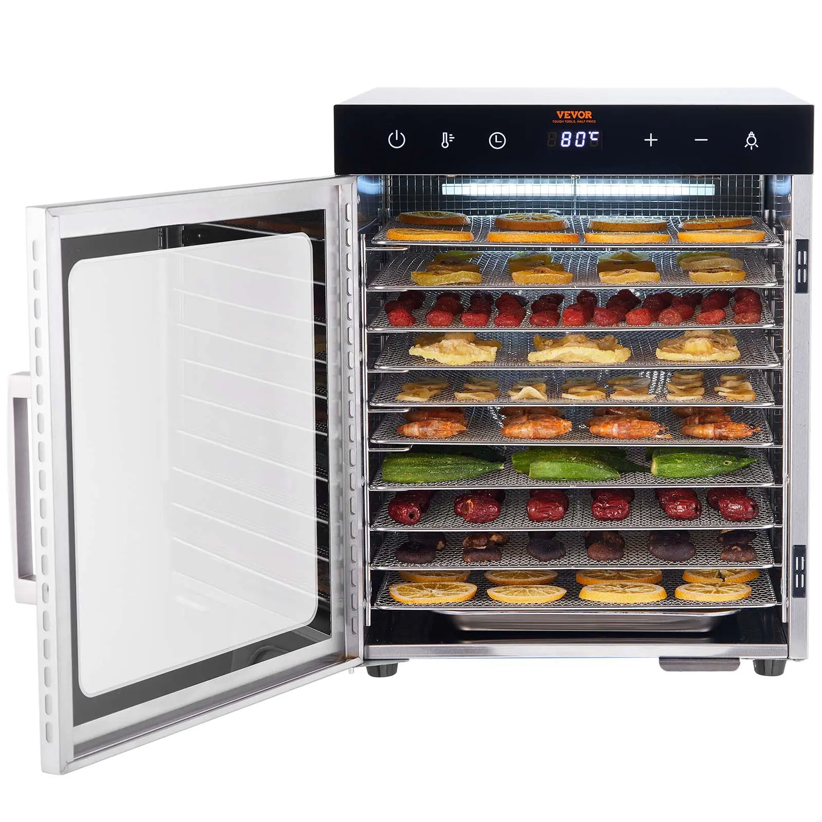 【Summerfinds】VEVOR Electric Food Dehydrator Machine,  , 800W Electric Food Dryer, 10 Stainless Steel Trays, with Digital Adjustable Timer & Temperature for Jerky, Herb, Meat, Beef, Fruit, Dog Treats and Vegetables