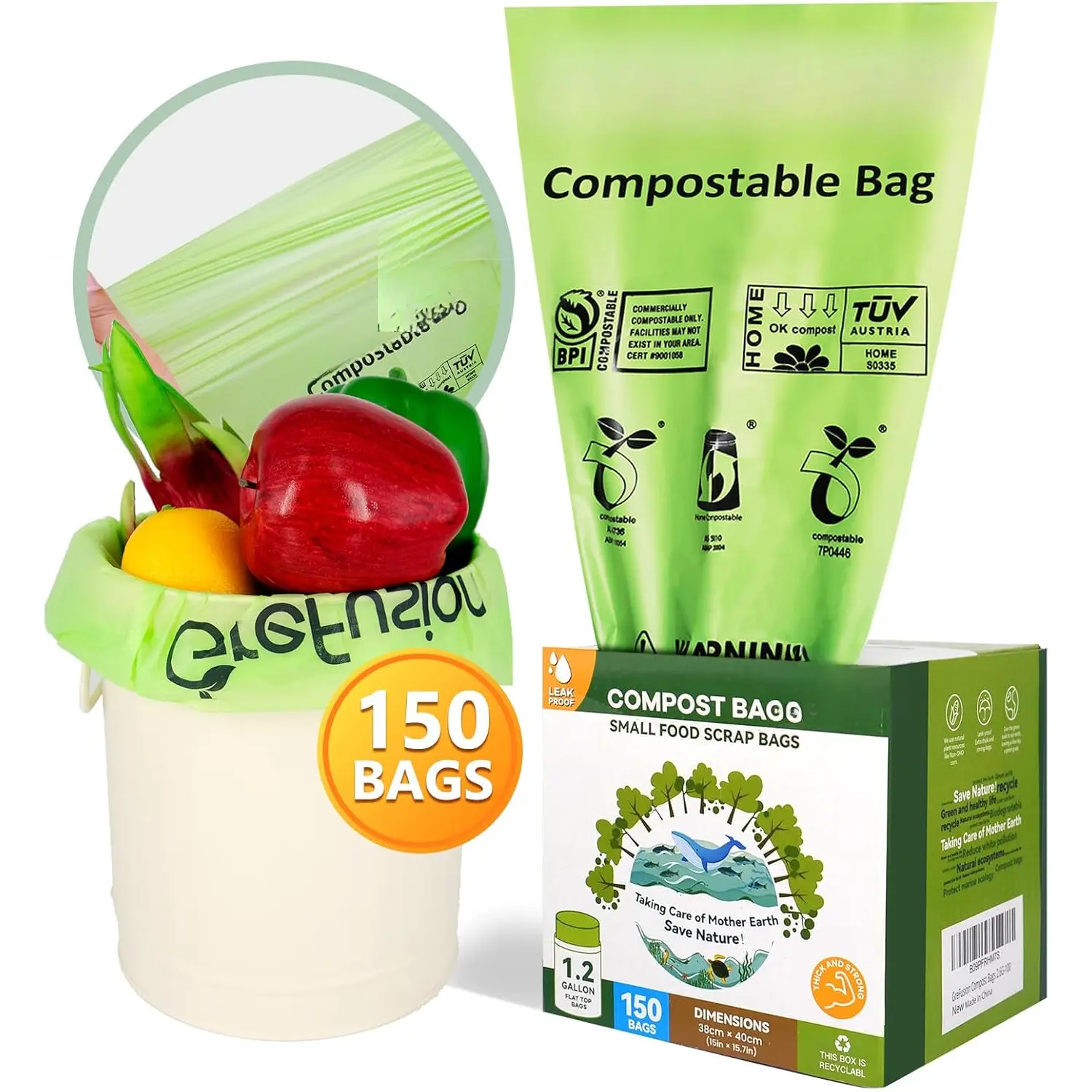 Compostable Trash Bags for Kitchen Compost Bin 1.2 Gallon,150 Count,Compost Bags Small for  Scrap  Bags for Countertop Bin Certified by BPI,ASTM D6400 and OK Compost