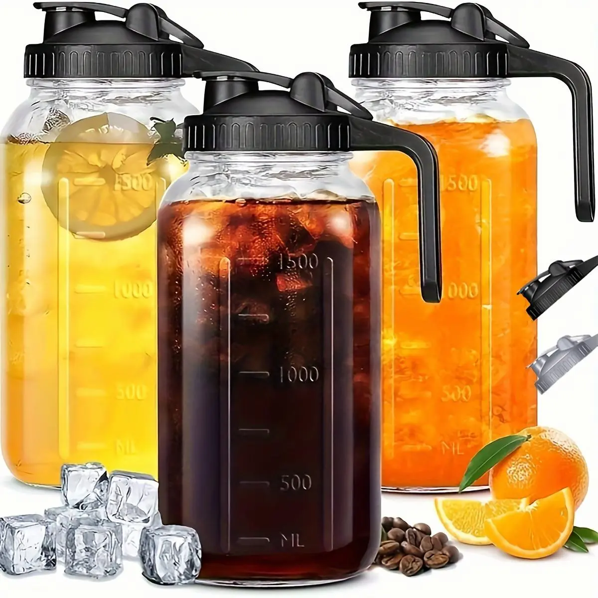 2/3pcs Thickened Lead-Free Glass Carafe - 64oz Mason Cold Brew Bottle with Sealed Leak-Proof Lid, Black/Gray, Refrigerator Storage for Coffee, Family Dinner Use, Breast Milk Jug (Kitchen Drinkware Kettle & Jug)