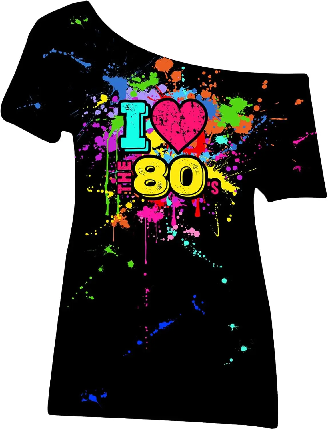 80s Outfit for Women Plus Size I Love The 80's Costumes 80s Off Shoulder T-Shirt Tops Neon Clothes Oversized (Black,Small)